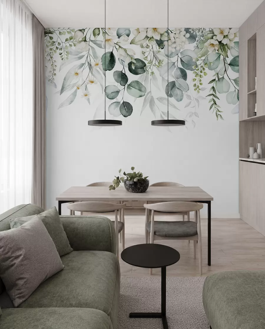 murais de parede Ilustração com folhas verdes, flores brancas, peónia e ramos u96063