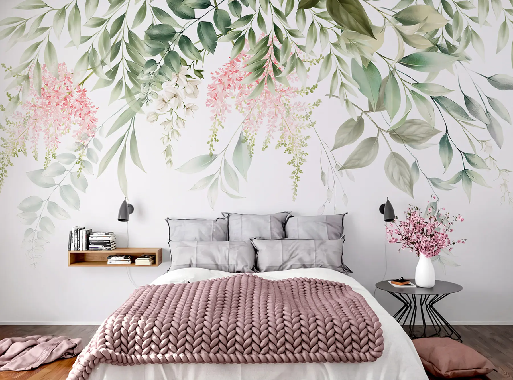 murais de parede Folhagem com flores cor de rosa u95923