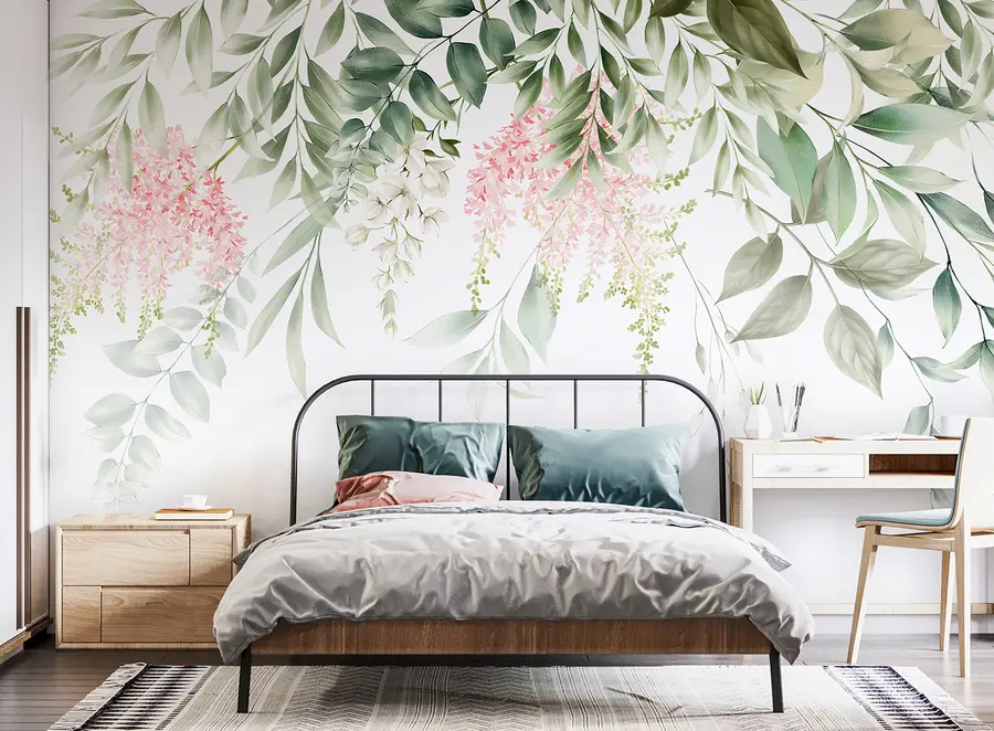 murais de parede Folhagem com flores cor de rosa u95923