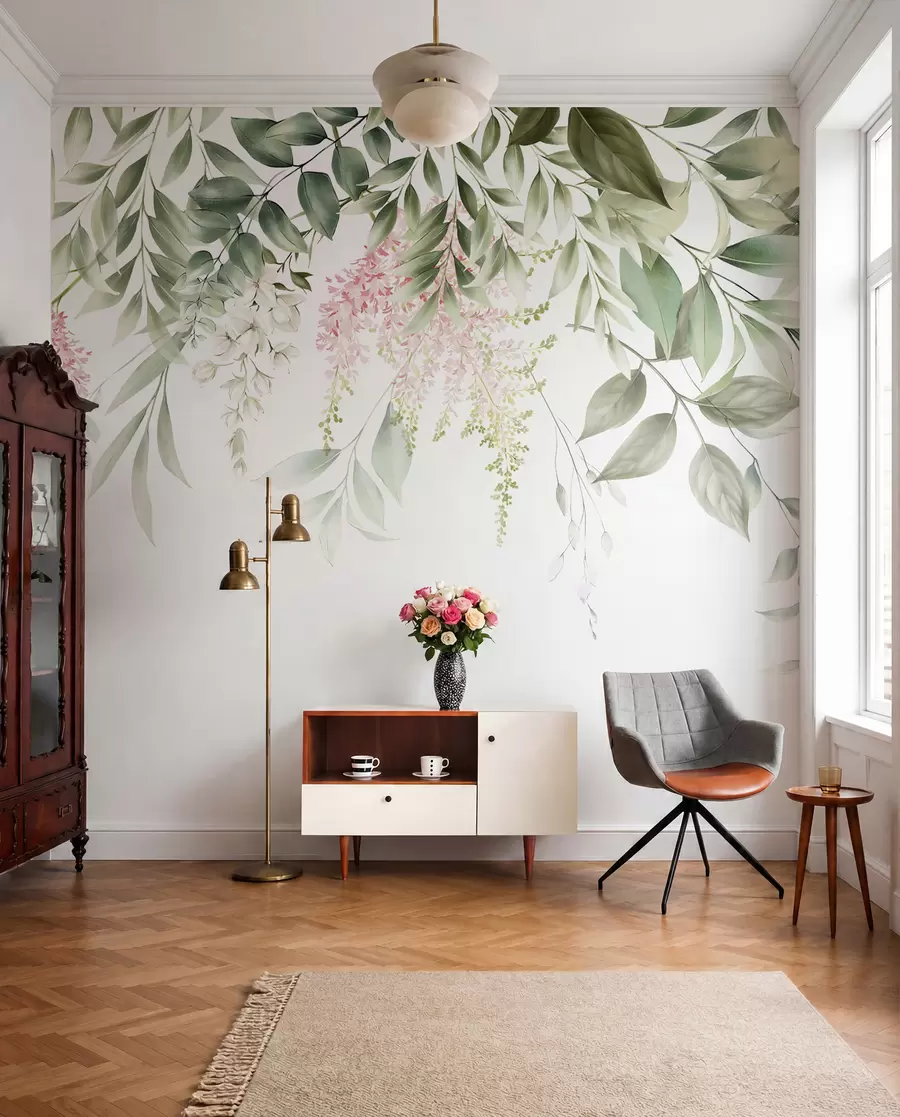 murais de parede Folhagem com flores cor de rosa u95923
