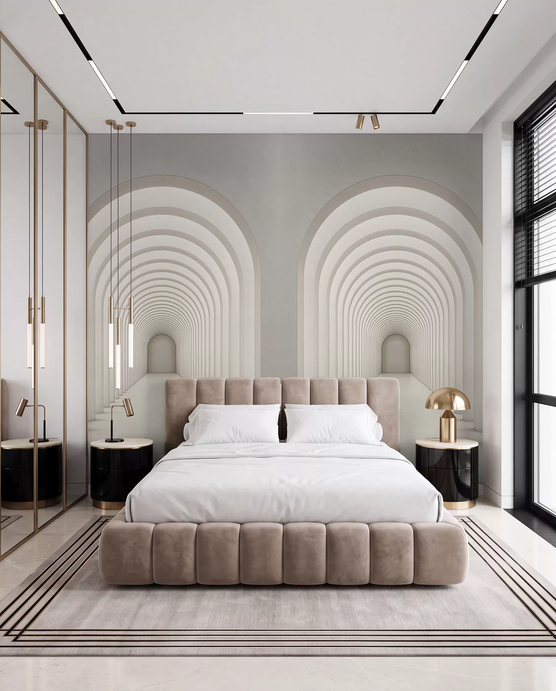 murais de parede Arco de concreto branco alinhado em uma longa linha com luz u96604