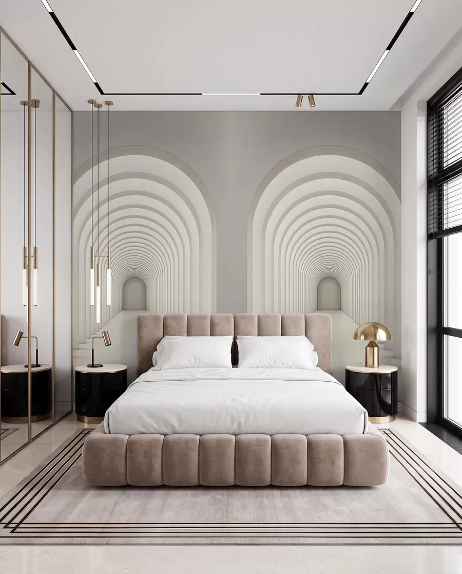 murais de parede Arco de concreto branco alinhado em uma longa linha com luz u96604