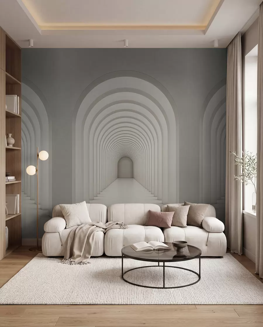 murais de parede Arco de concreto branco alinhado em uma longa linha com luz u96604