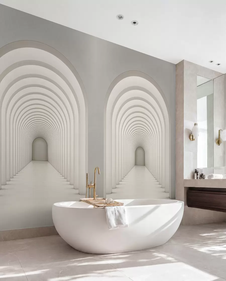 murais de parede Arco de concreto branco alinhado em uma longa linha com luz u96604