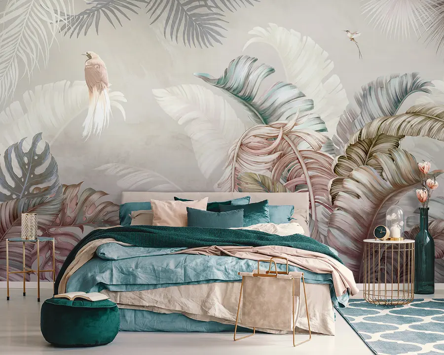 murais de parede Ilustração tropical com folhas de bananeira e pássaros u96254