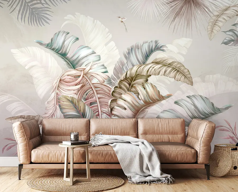 murais de parede Ilustração tropical com folhas de bananeira e pássaros u96254