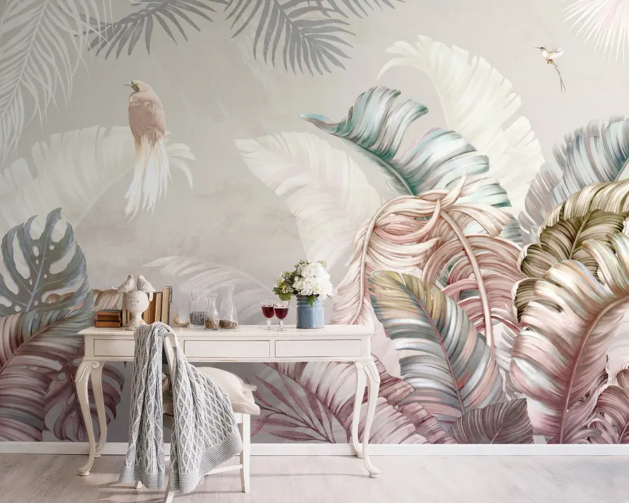 murais de parede Ilustração tropical com folhas de bananeira e pássaros u96254