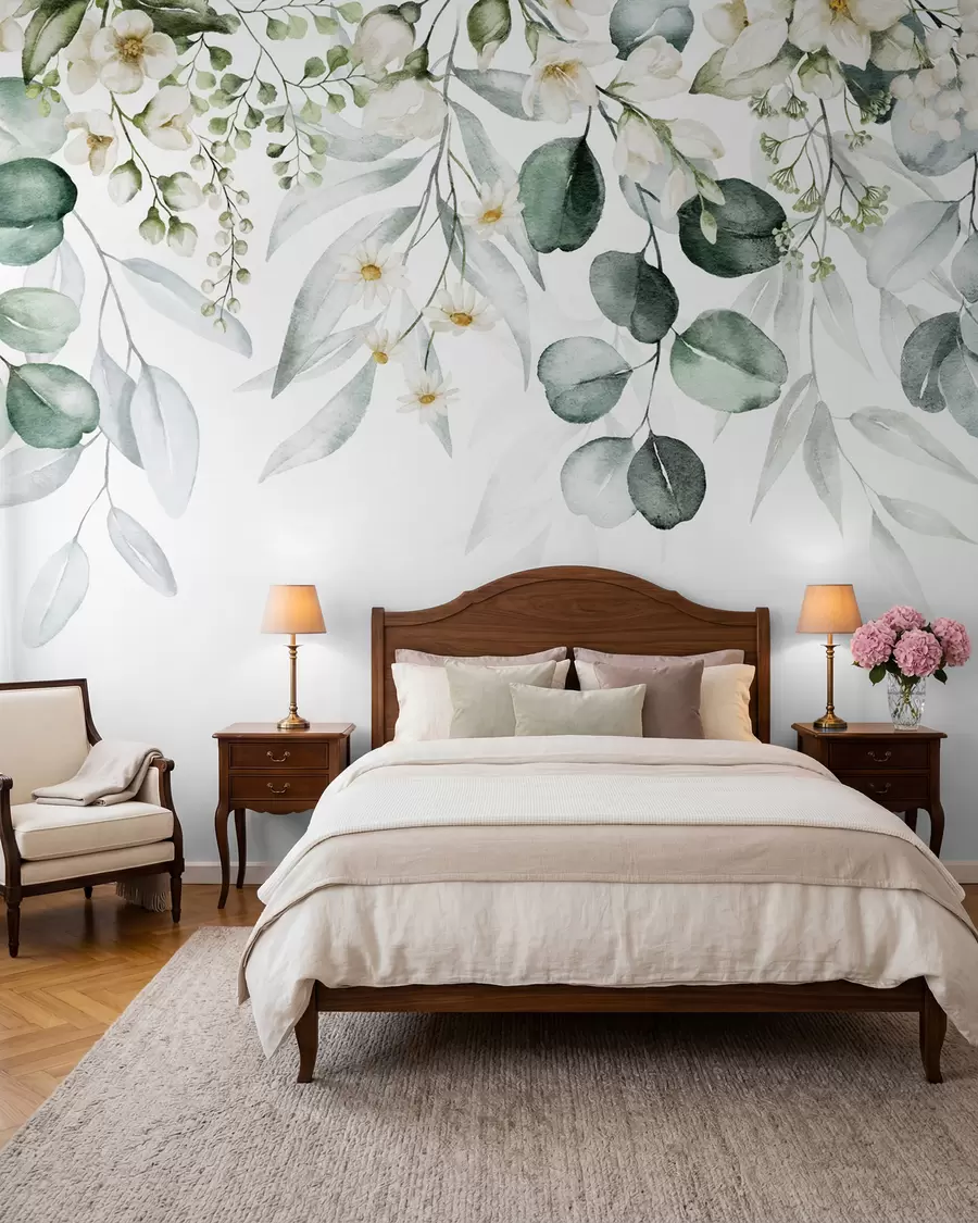 murais de parede Aquarela folhas verdes com flores u96336