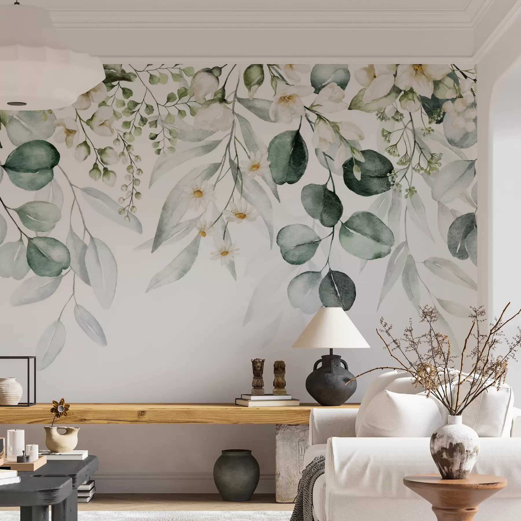 murais de parede Aquarela folhas verdes com flores u96336