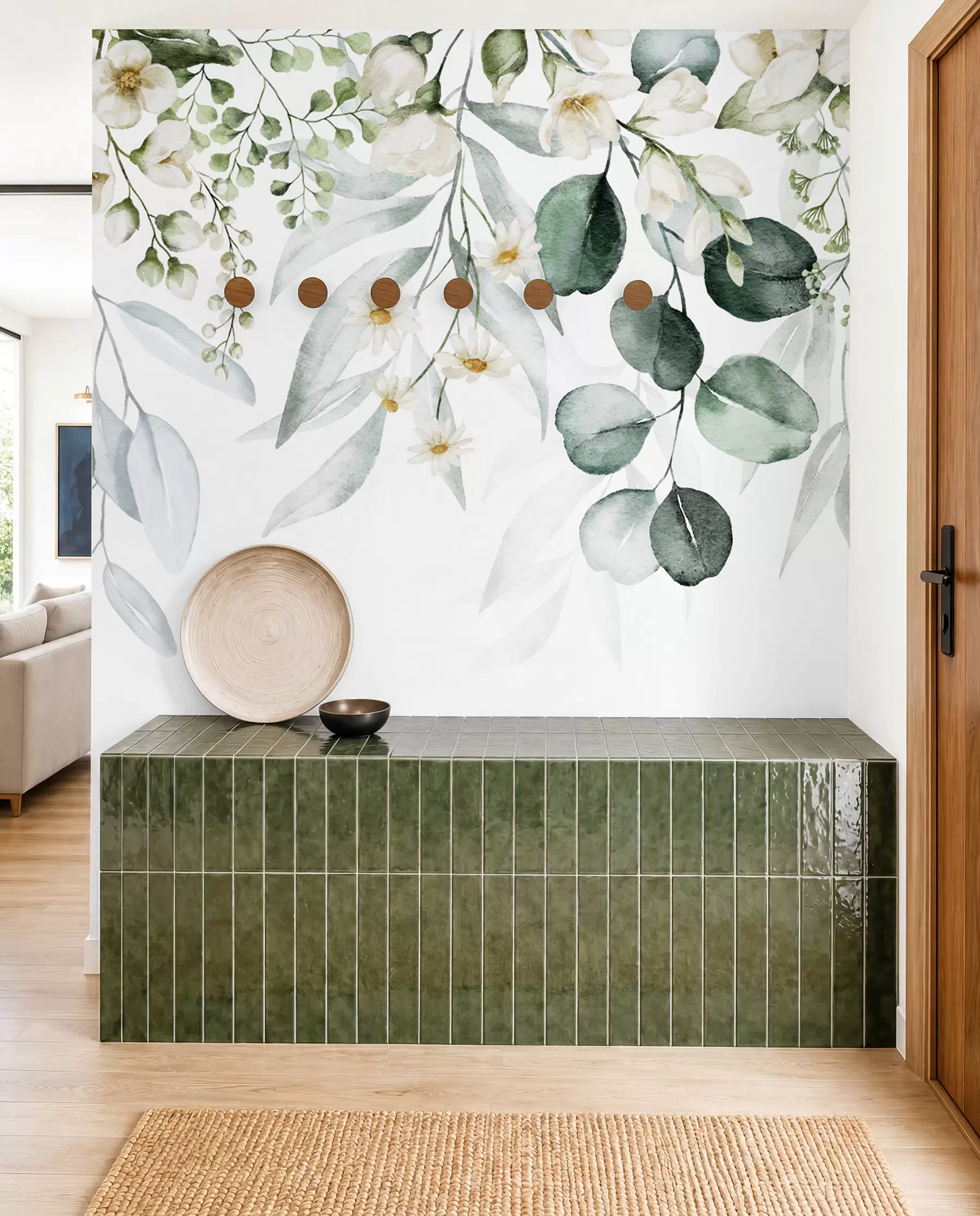 murais de parede Aquarela folhas verdes com flores u96336