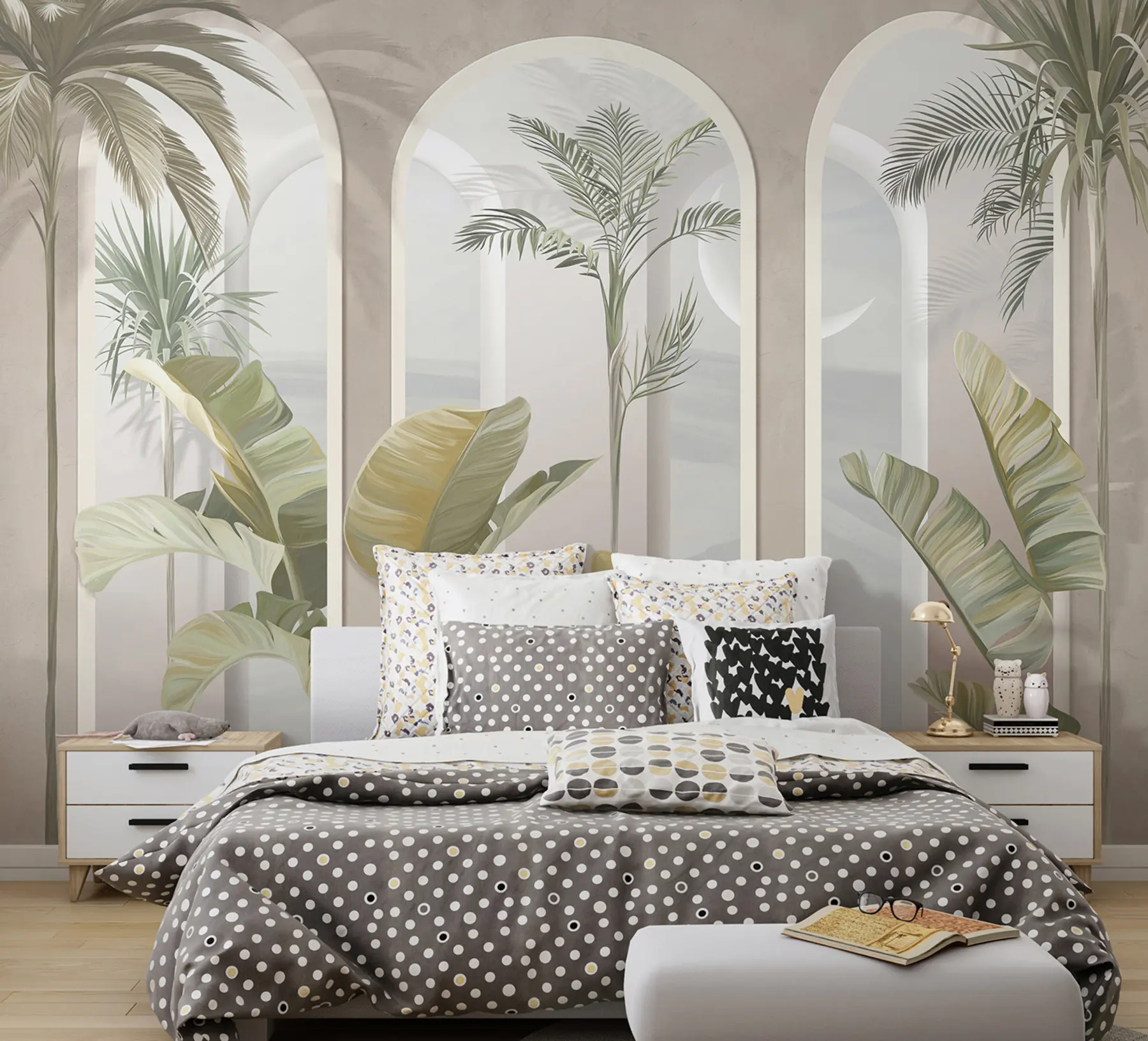 murais de parede Folhas 3D tropicais com palmas e colunas u96402
