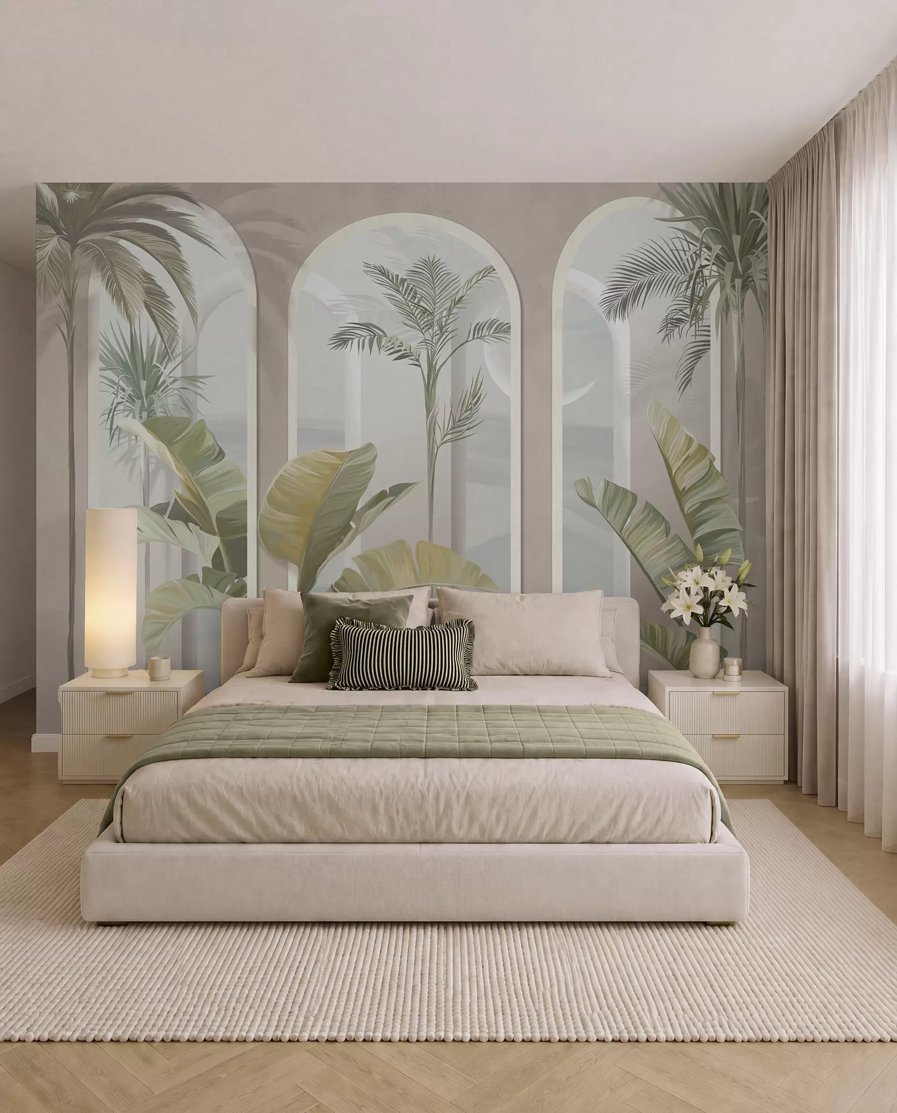 murais de parede Folhas 3D tropicais com palmas e colunas u96402