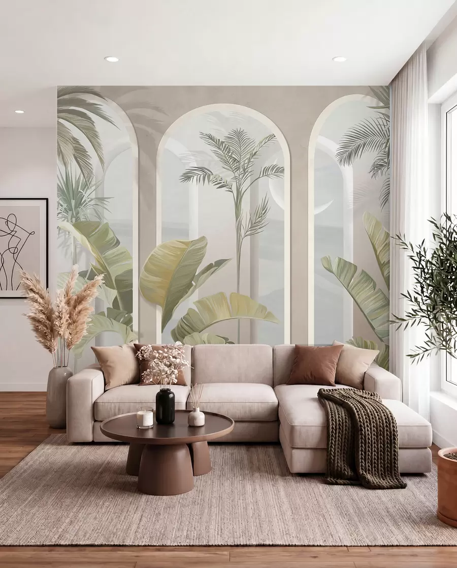 murais de parede Folhas 3D tropicais com palmas e colunas u96402