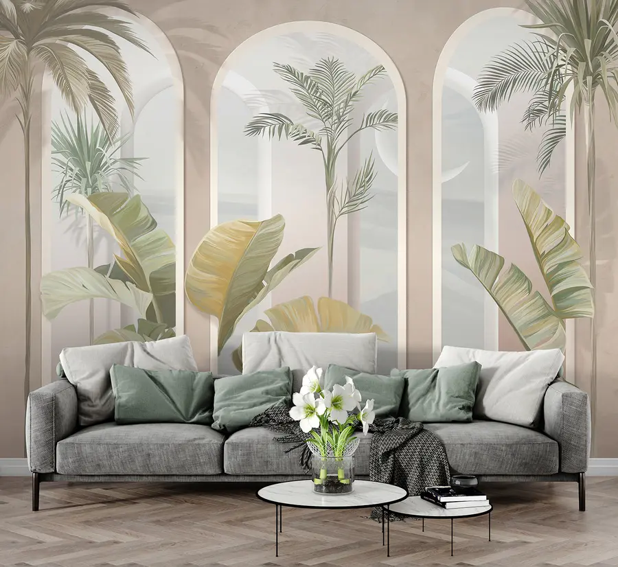 murais de parede Folhas 3D tropicais com palmas e colunas u96402