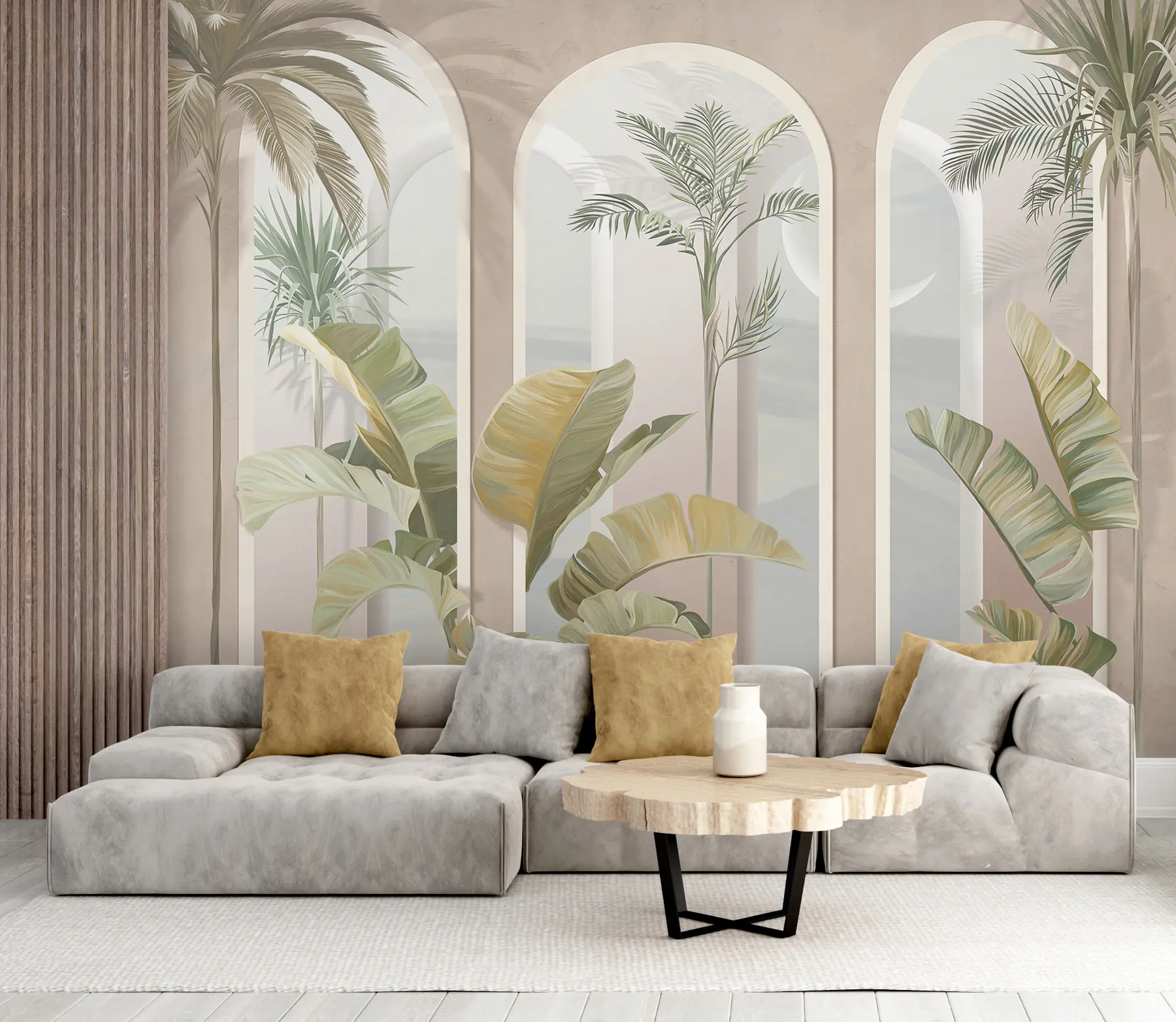 murais de parede Folhas 3D tropicais com palmas e colunas u96402
