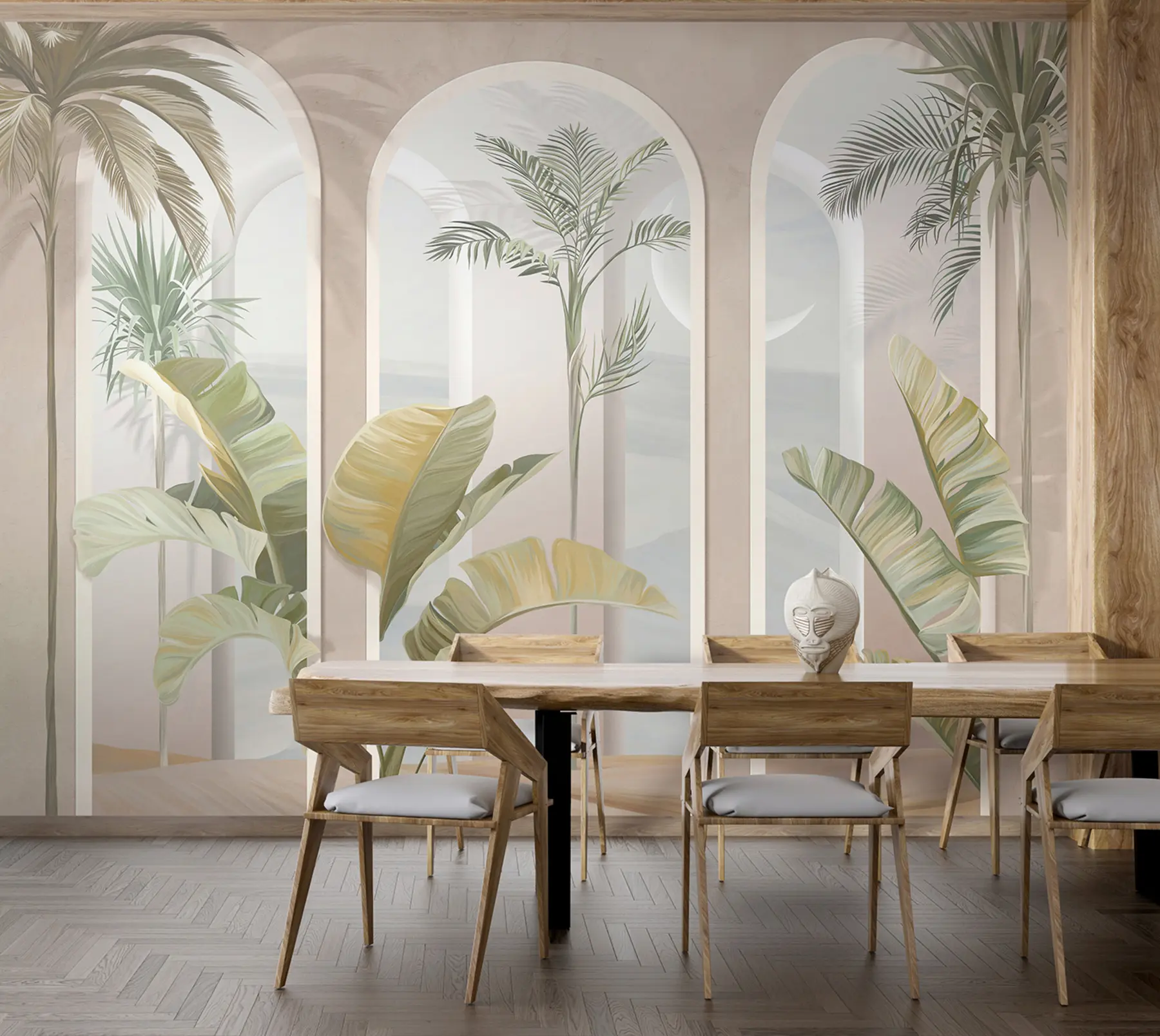 murais de parede Folhas 3D tropicais com palmas e colunas u96402