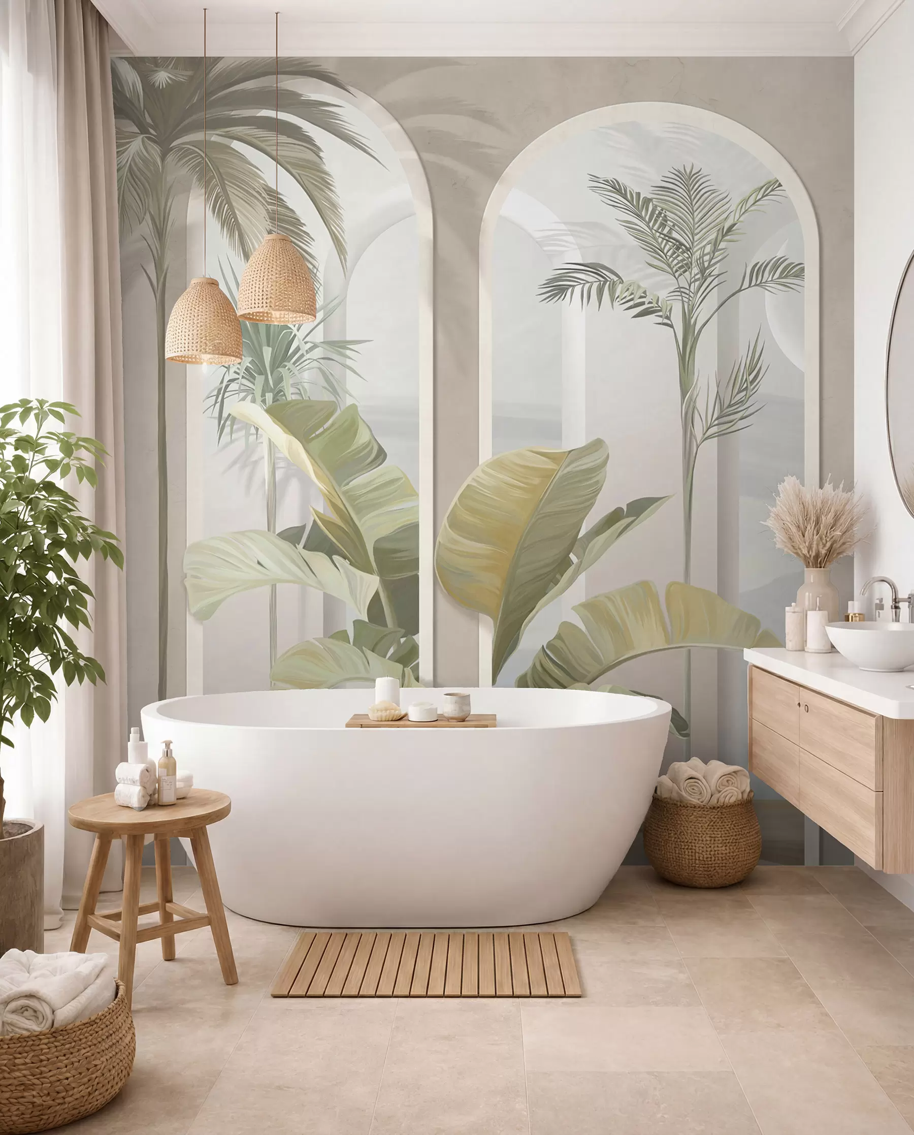 murais de parede Folhas 3D tropicais com palmas e colunas u96402