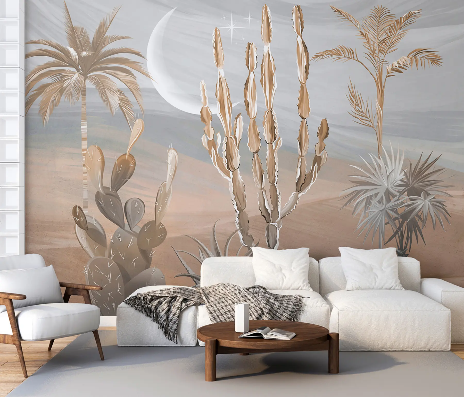 murais de parede Deserto 3D com cactos e folhas tropicais u96444