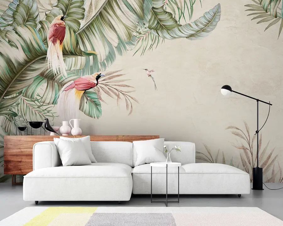 murais de parede Plantas tropicais e pássaros em plano de fundo texturizado u96550