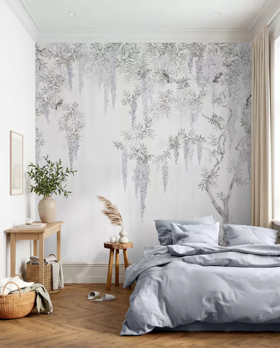 murais de parede Flores de glicínias, glicínias, minimalismo, monocromático, loft e estilo japonês u96928