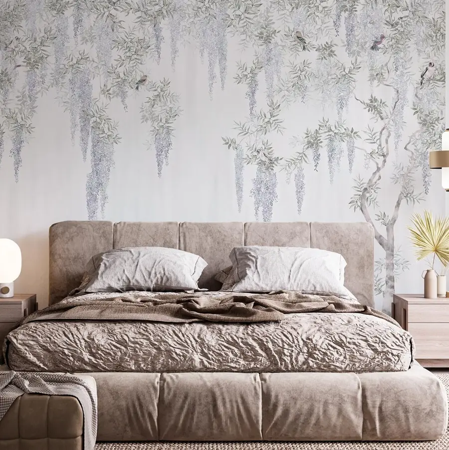 murais de parede Flores de glicínias, glicínias, minimalismo, monocromático, loft e estilo japonês u96928