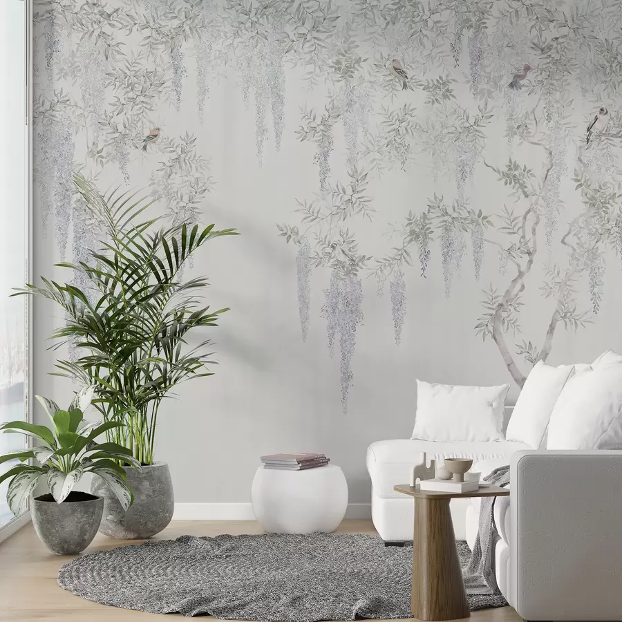 murais de parede Flores de glicínias, glicínias, minimalismo, monocromático, loft e estilo japonês u96928