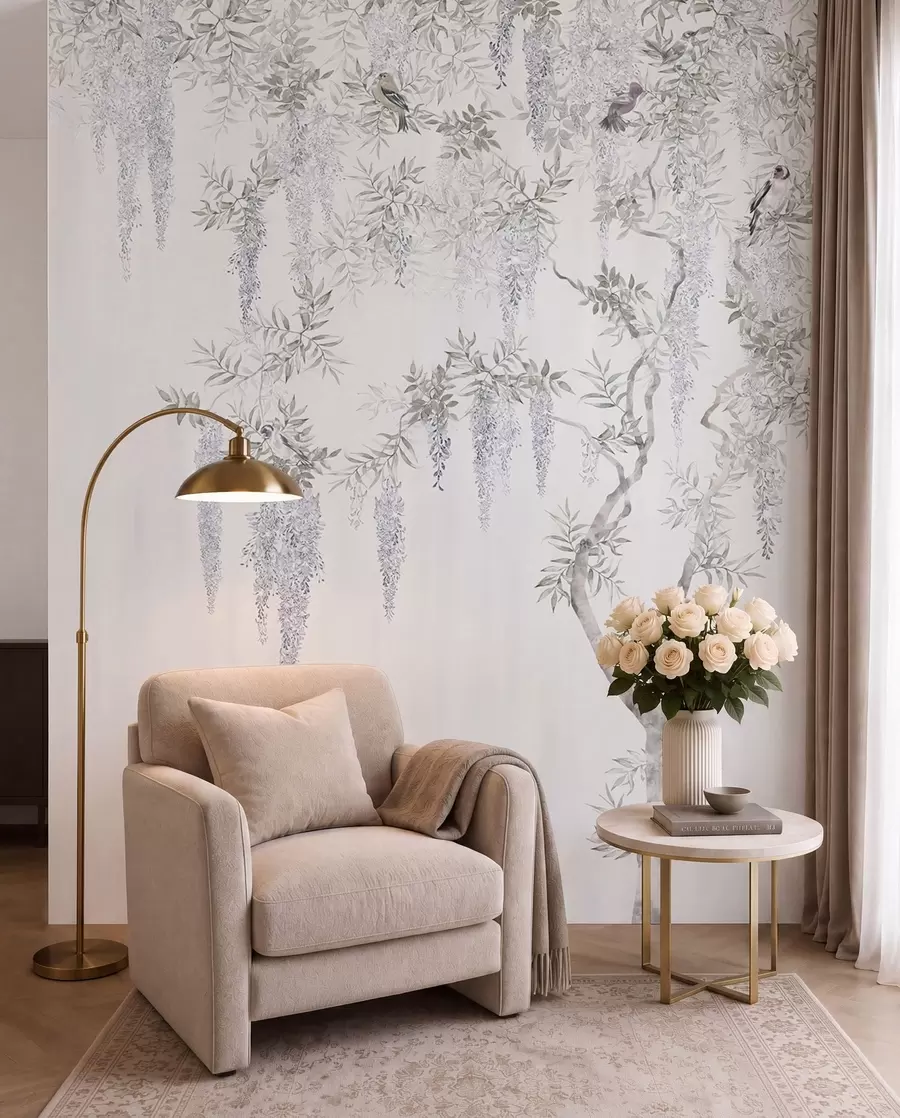 murais de parede Flores de glicínias, glicínias, minimalismo, monocromático, loft e estilo japonês u96928