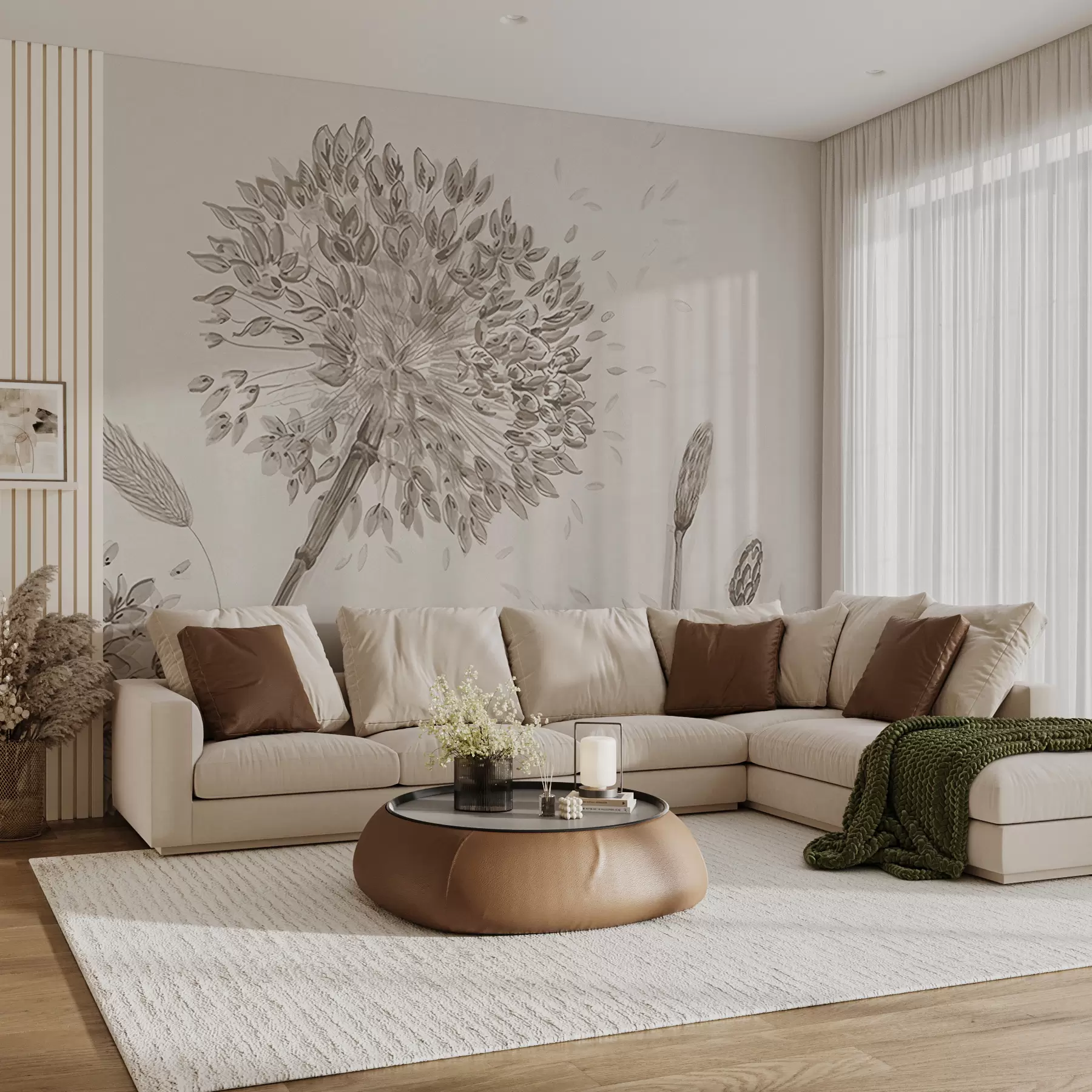 murais de parede Grandes flores de prado de dentes-de-leão estilo monocromático loft minimalismo u96934