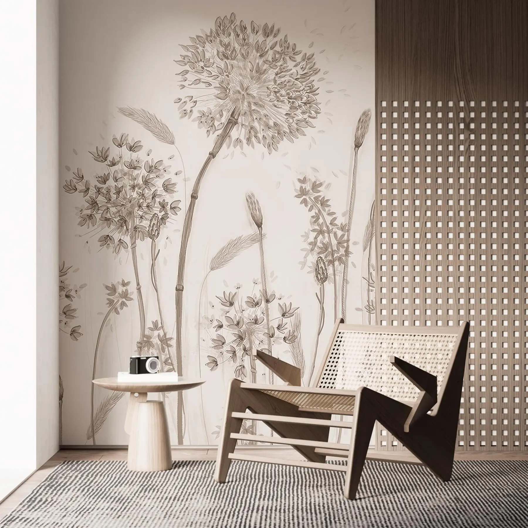 murais de parede Grandes flores de prado de dentes-de-leão estilo monocromático loft minimalismo u96934