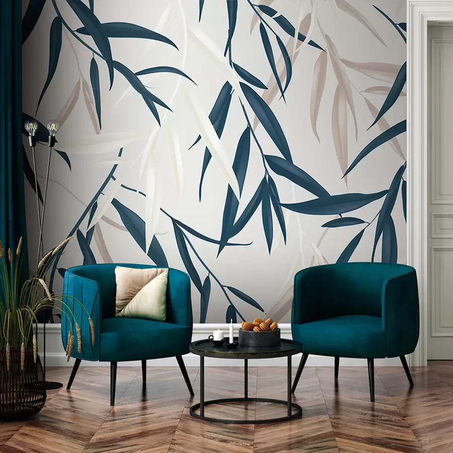 murais de parede Padrão floral, folhas coloridas de salgueiro-chorão sobre um fundo cinza claro u97022