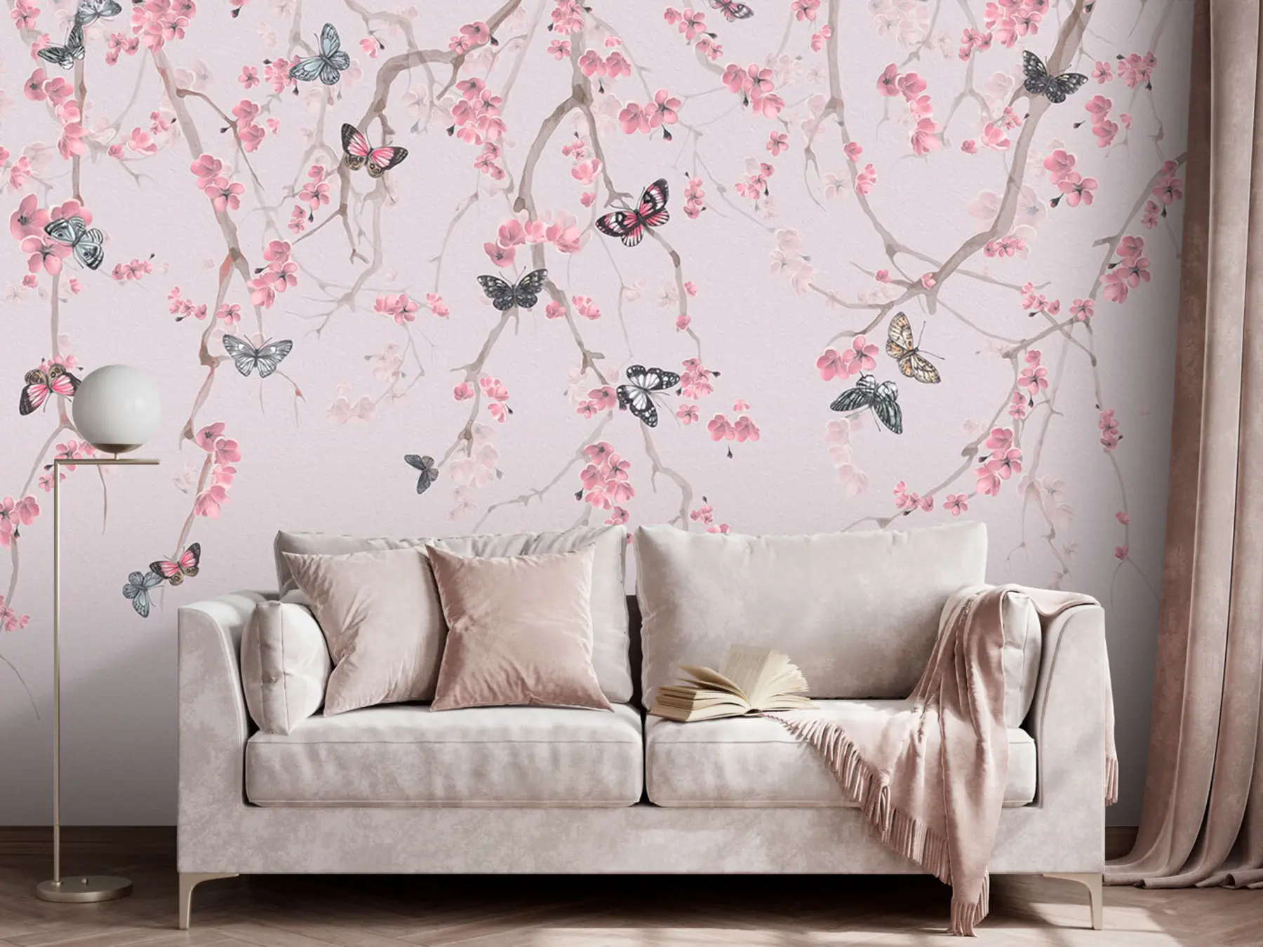 murais de parede Sakura flores e borboletas u97056