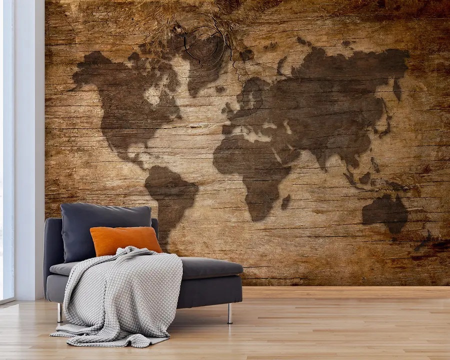 murais de parede Mapa mundial em fundo de madeira u96820