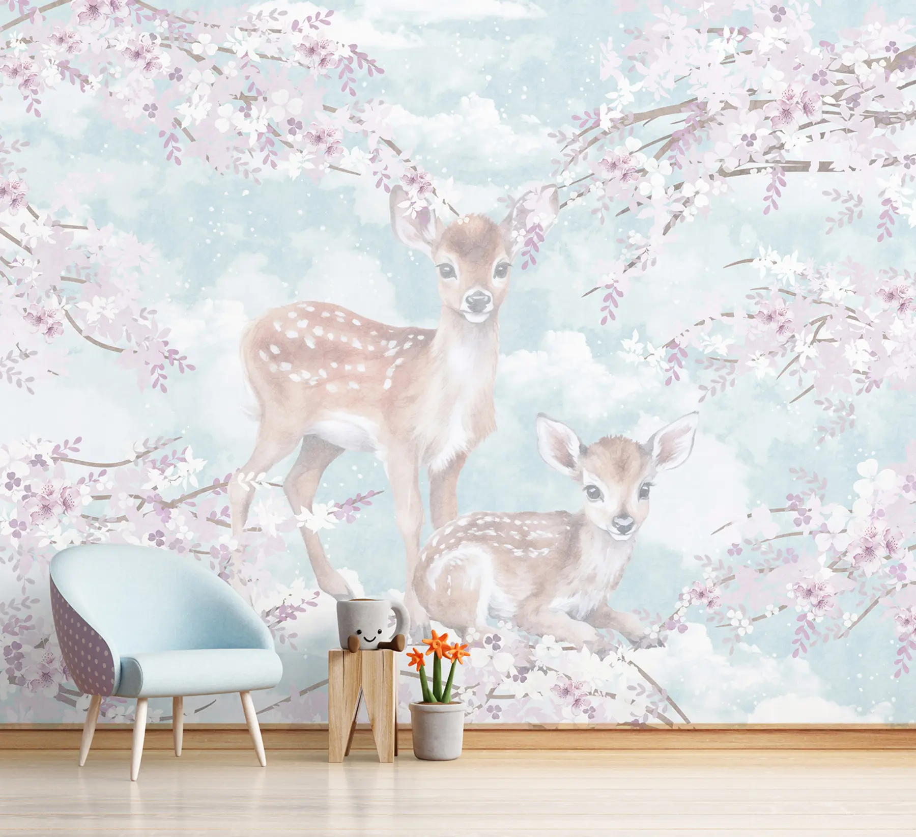 murais de parede Filhotes entre árvores floridas u97464