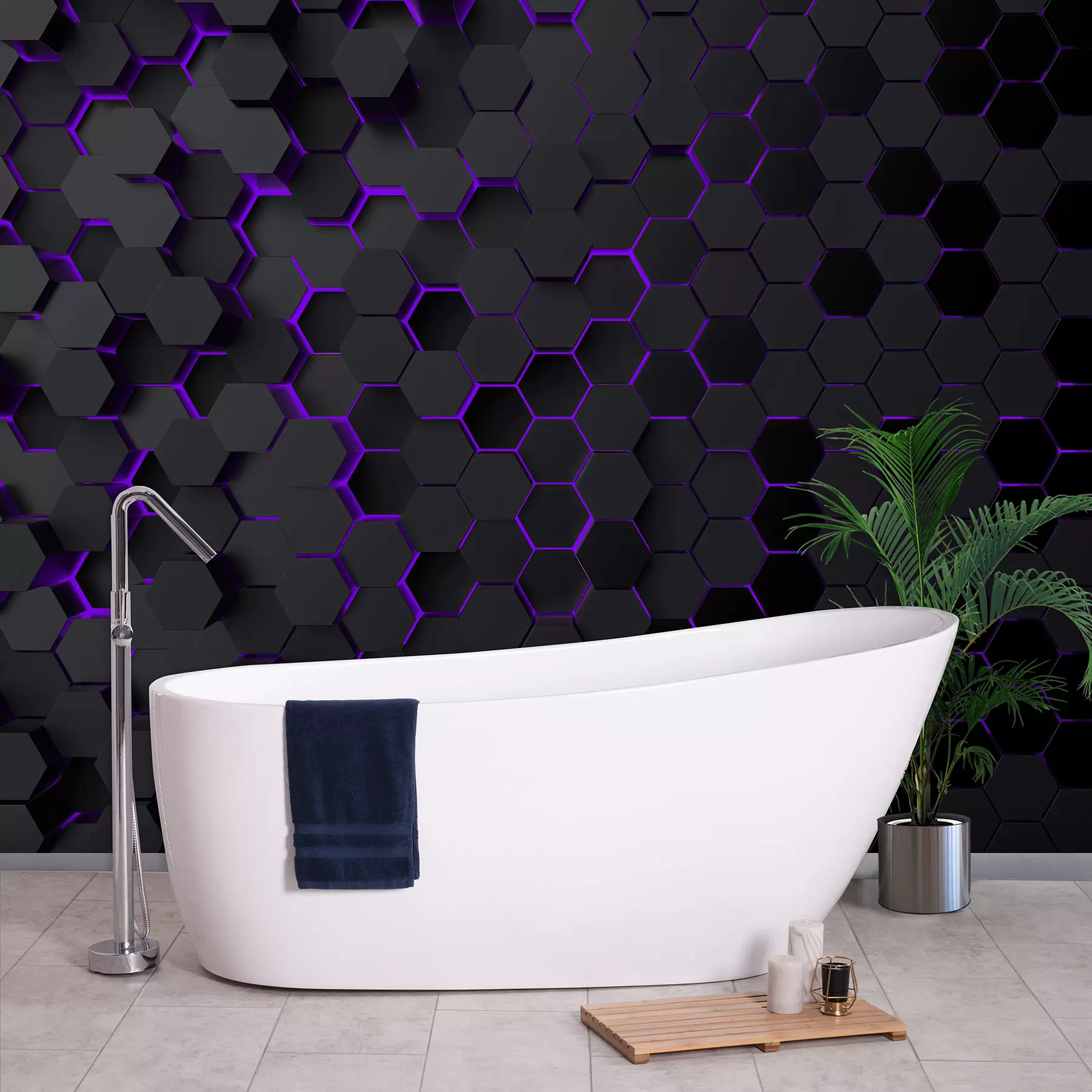 murais de parede Hexágonos pretos e brilho roxo u93618v3