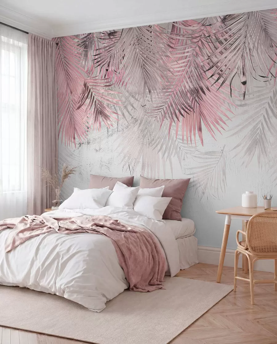 murais de parede Folhas tropicais rosa em estilo grunge u93843v2