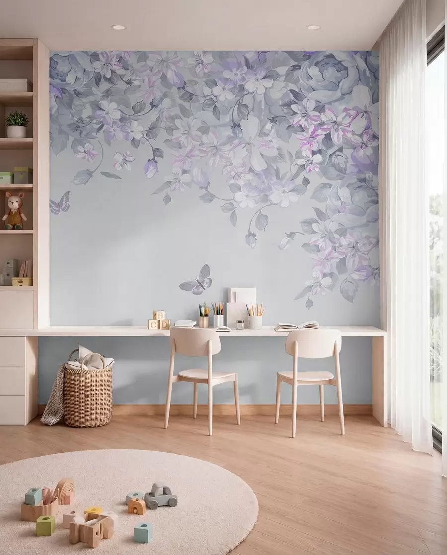 murais de parede Jardim lilás com flores e borboletas u94295v3