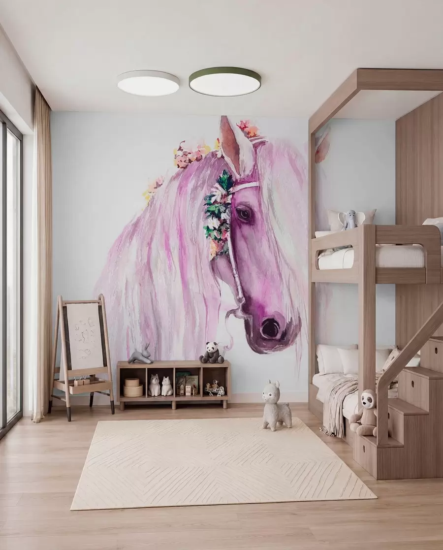 murais de parede Cavalo azul com flores numa crina de cor púrpura u93591v1