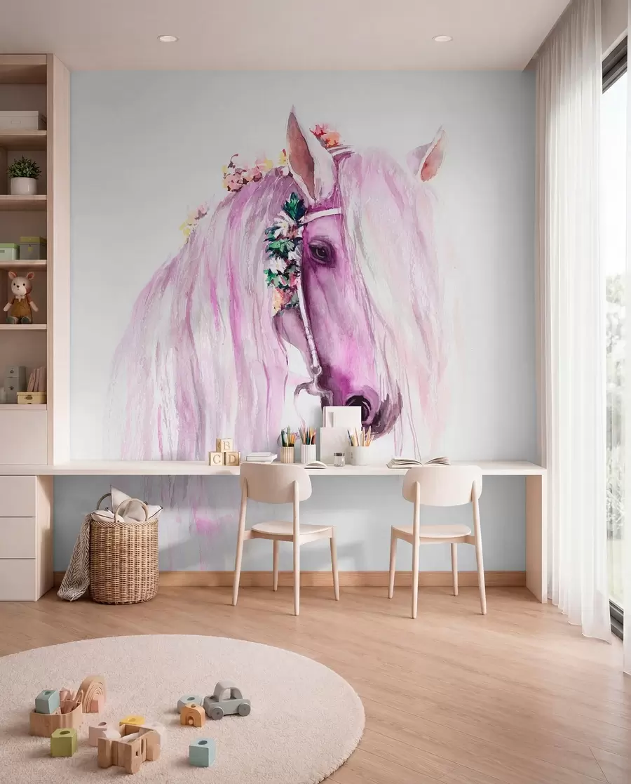 murais de parede Cavalo azul com flores numa crina de cor púrpura u93591v1