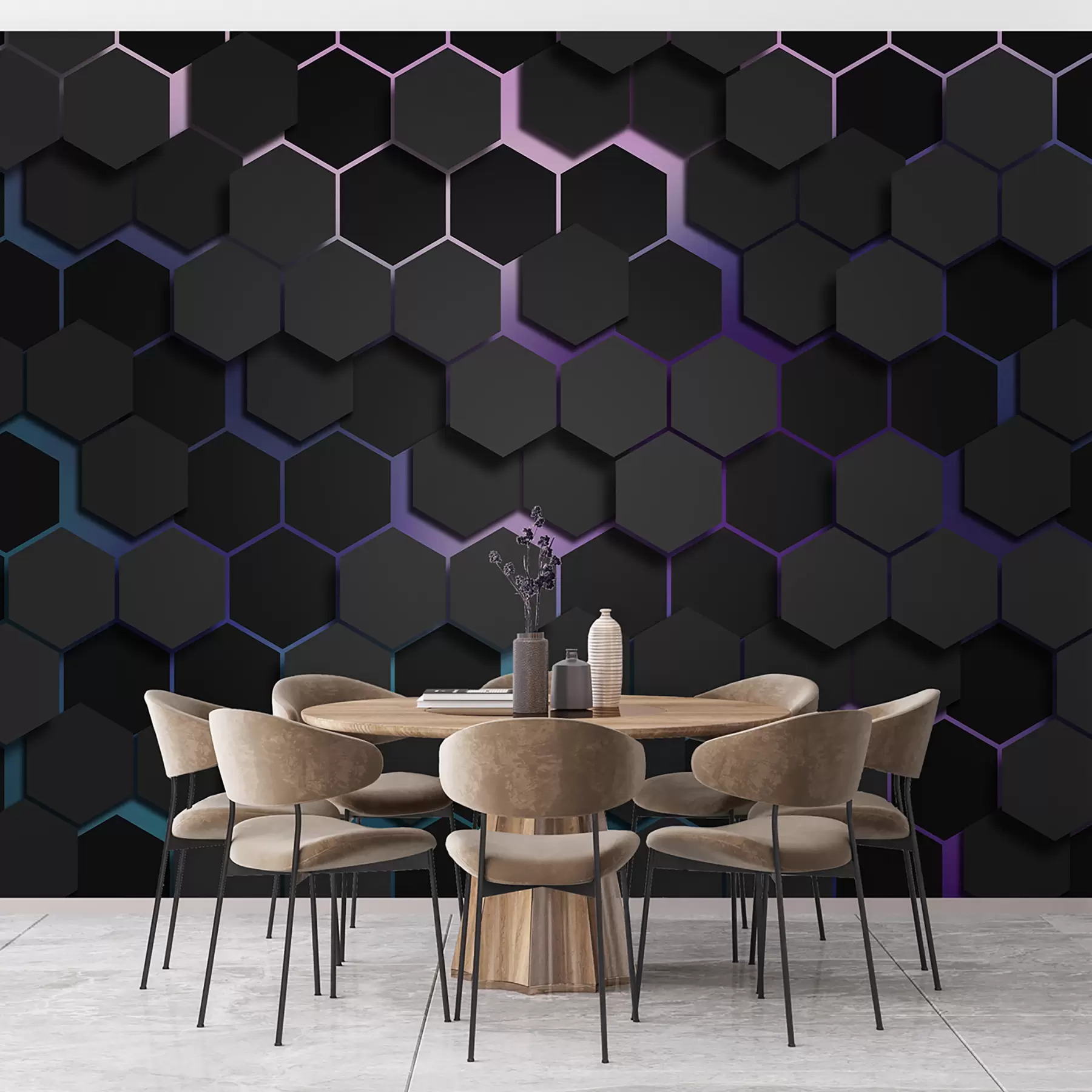 murais de parede Hexágonos pretos com efeito 3d em preto e roxo u79935v2