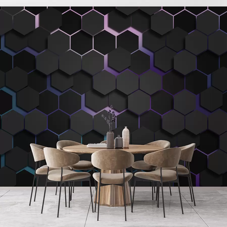 murais de parede Hexágonos pretos com efeito 3d em preto e roxo u79935v2