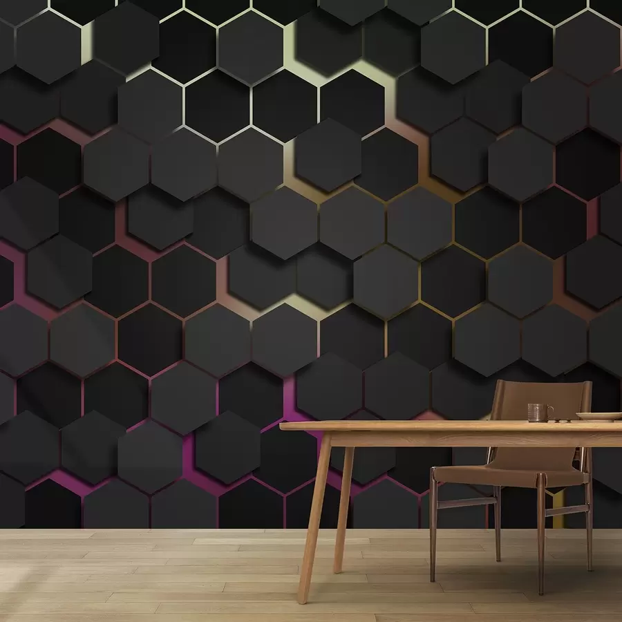 murais de parede Hexágonos pretos com efeito 3d em preto e cor-de-rosa u79935v3