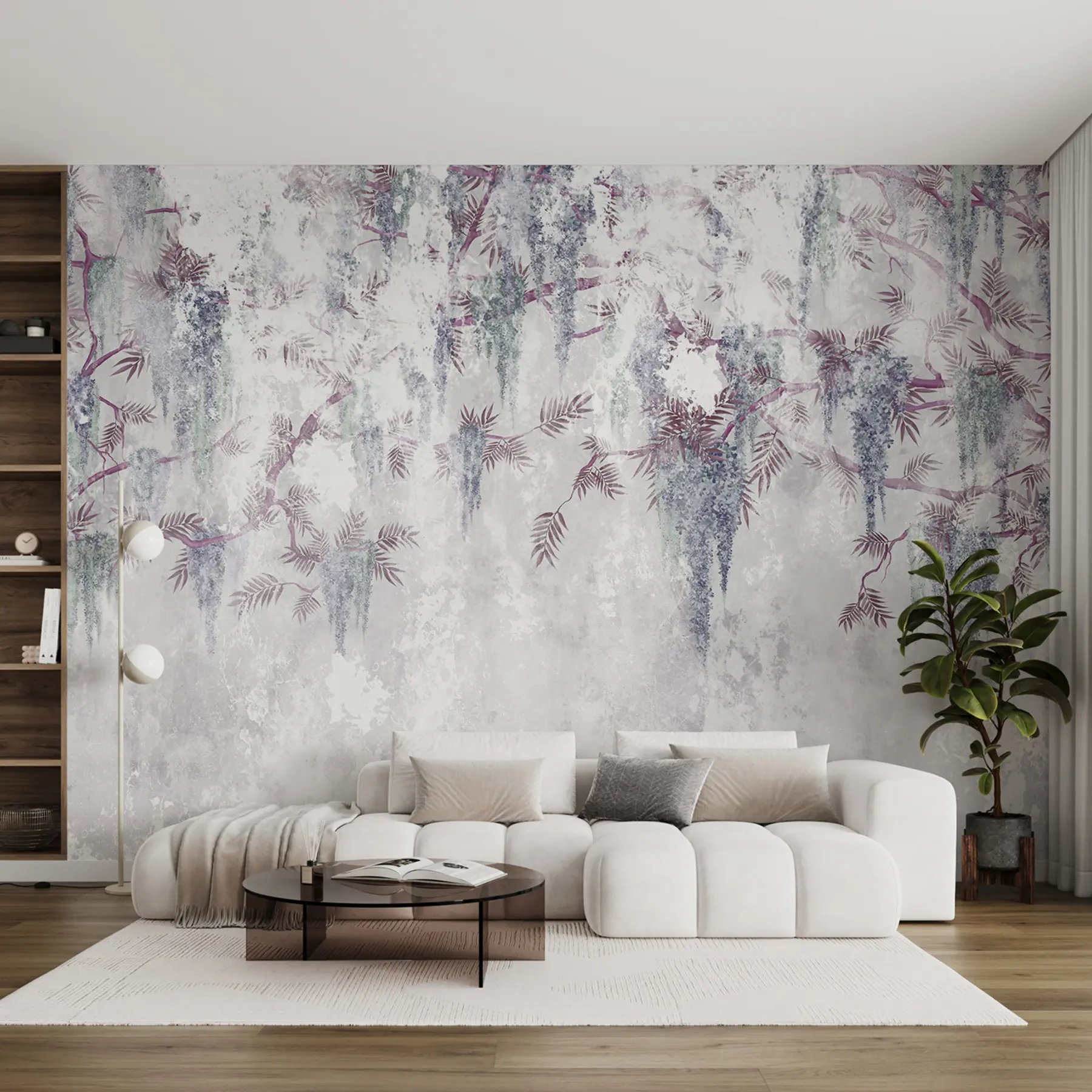 murais de parede Ramos grunge da moda pendurados com flores roxas em tons de azul u73816v2