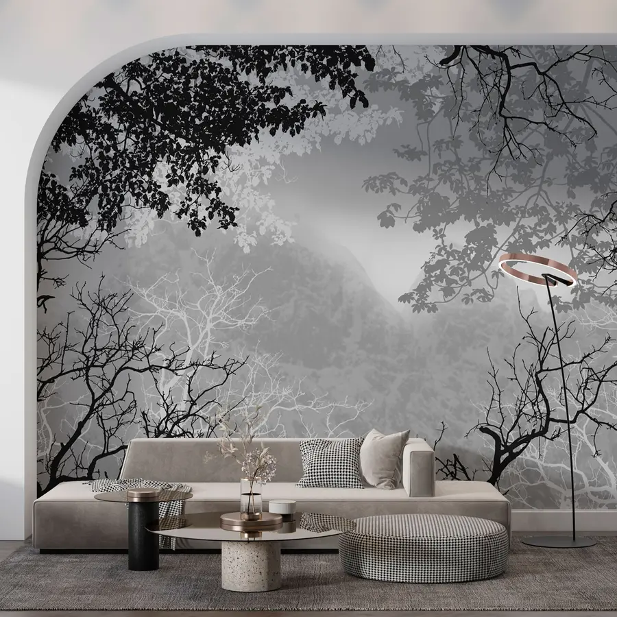 murais de parede Ilustração de uma floresta sobre um fundo de montanhas com nevoeiro u98050