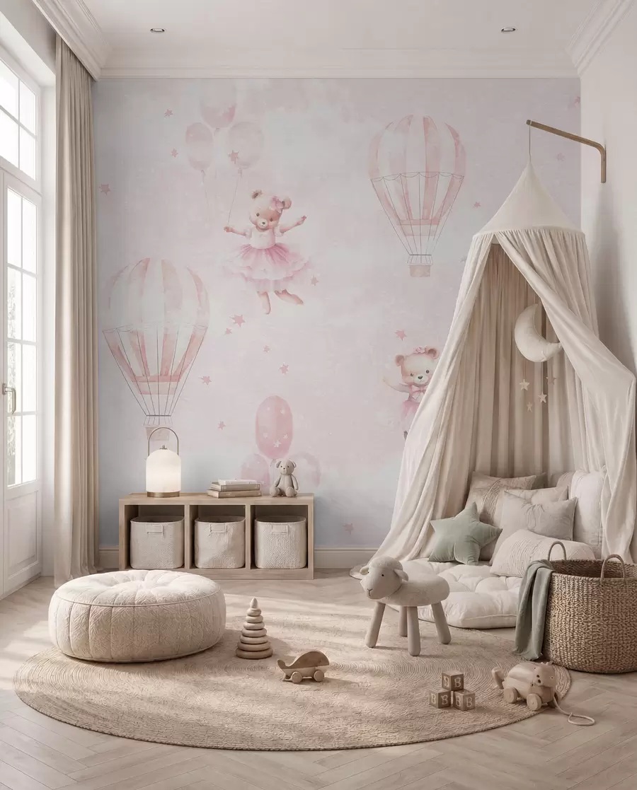 murais de parede Ursinhos e balões rosa u97954
