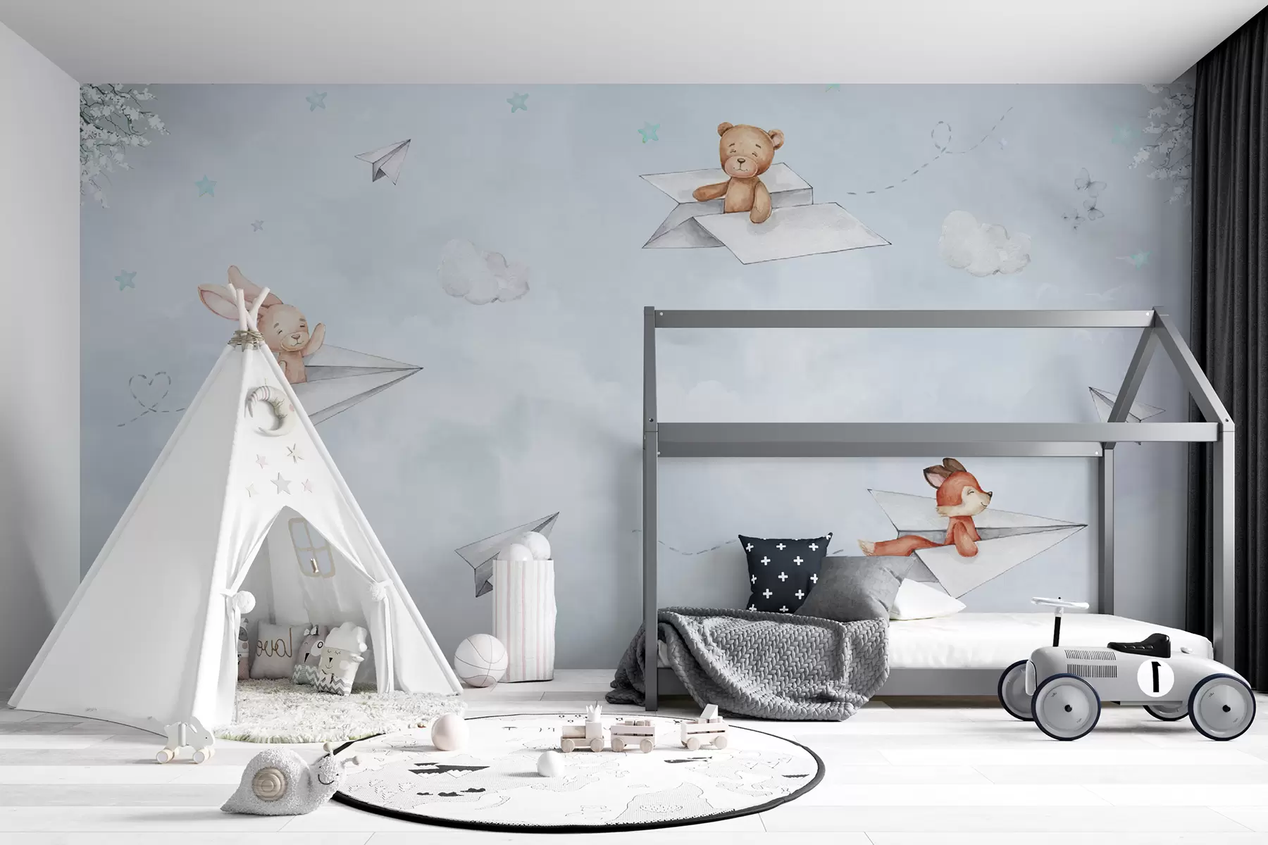 murais de parede Aguarela de animais em aviões entre as nuvens u98519v1