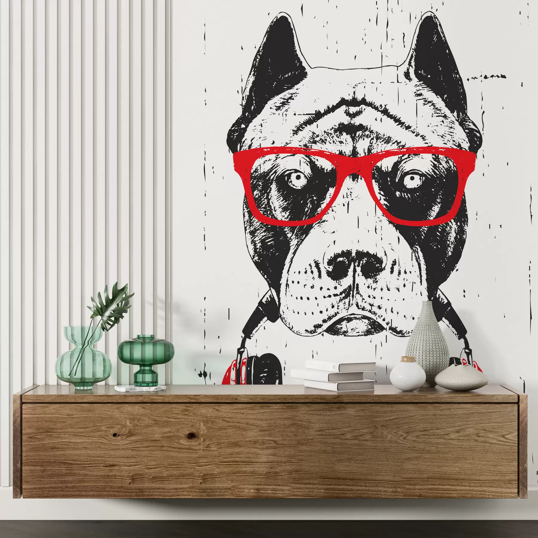 murais de parede Retrato de Pitbull com óculos e auscultadores u98184