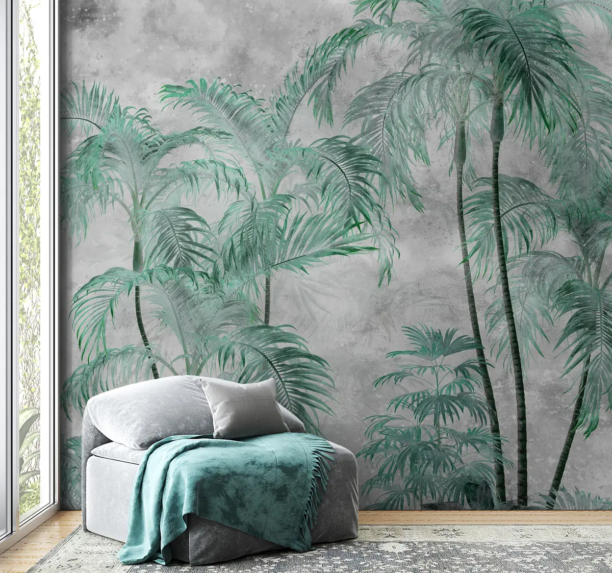 murais de parede Palmeiras tropicais num muro de betão u98586v1