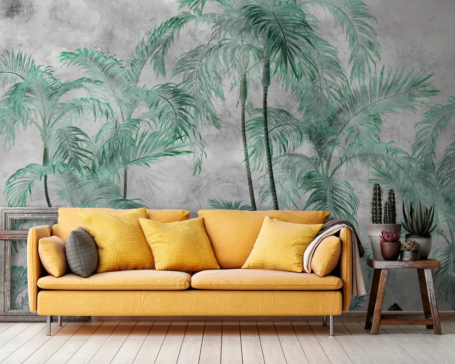 murais de parede Palmeiras tropicais num muro de betão u98586v1