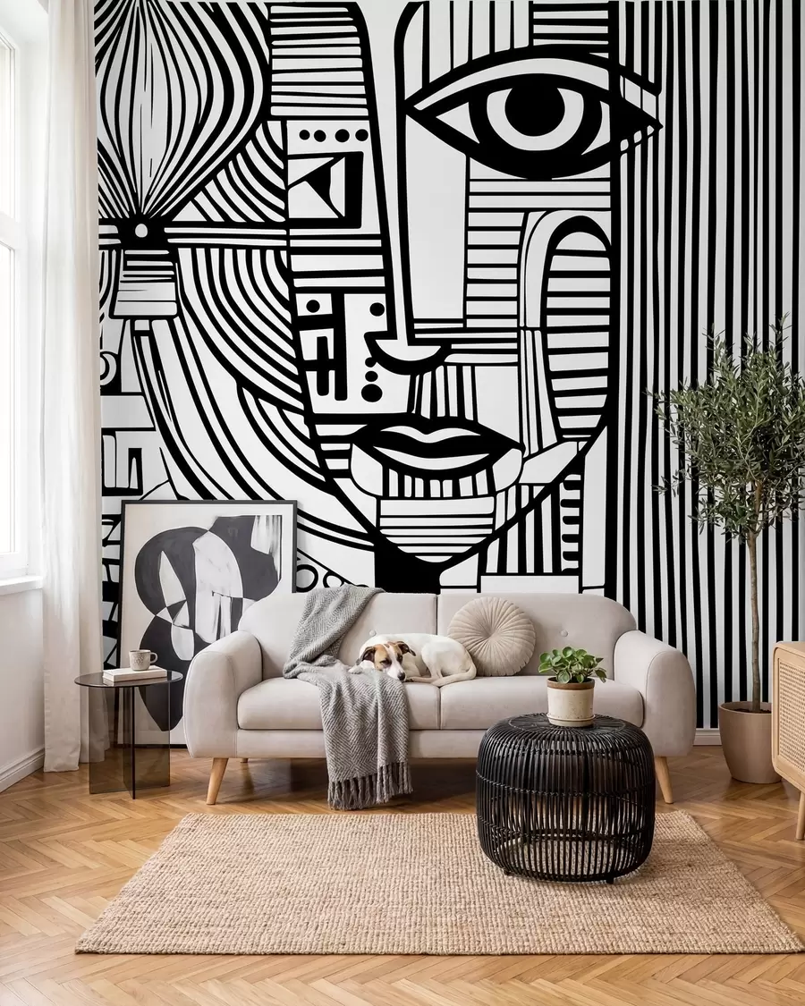 murais de parede Rosto abstrato a preto e branco u98714