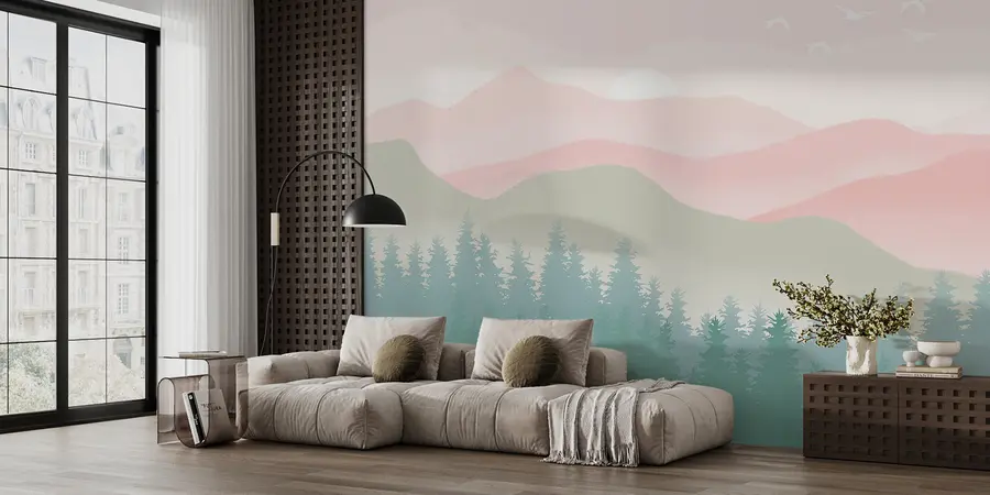 murais de parede Montanhas enevoadas com floresta de pinheiros, cores naturais suaves, rosa e verde u98774
